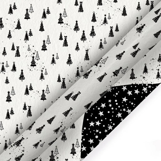 30" X 10' Holiday Reversible Wrapping Paper | Black and White Winter Trees/White Stars On Black