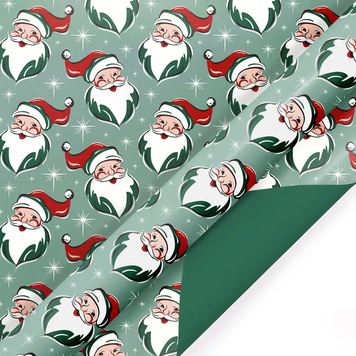30" X 10' Reversible Holiday Wrapping Paper | Retro Santa Faces/Solid Green