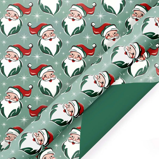 30" X 10' Reversible Holiday Wrapping Paper | Retro Santa Faces/Solid Green