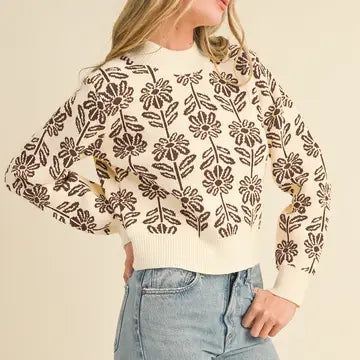 Brown Floral Pattern Knit Sweater