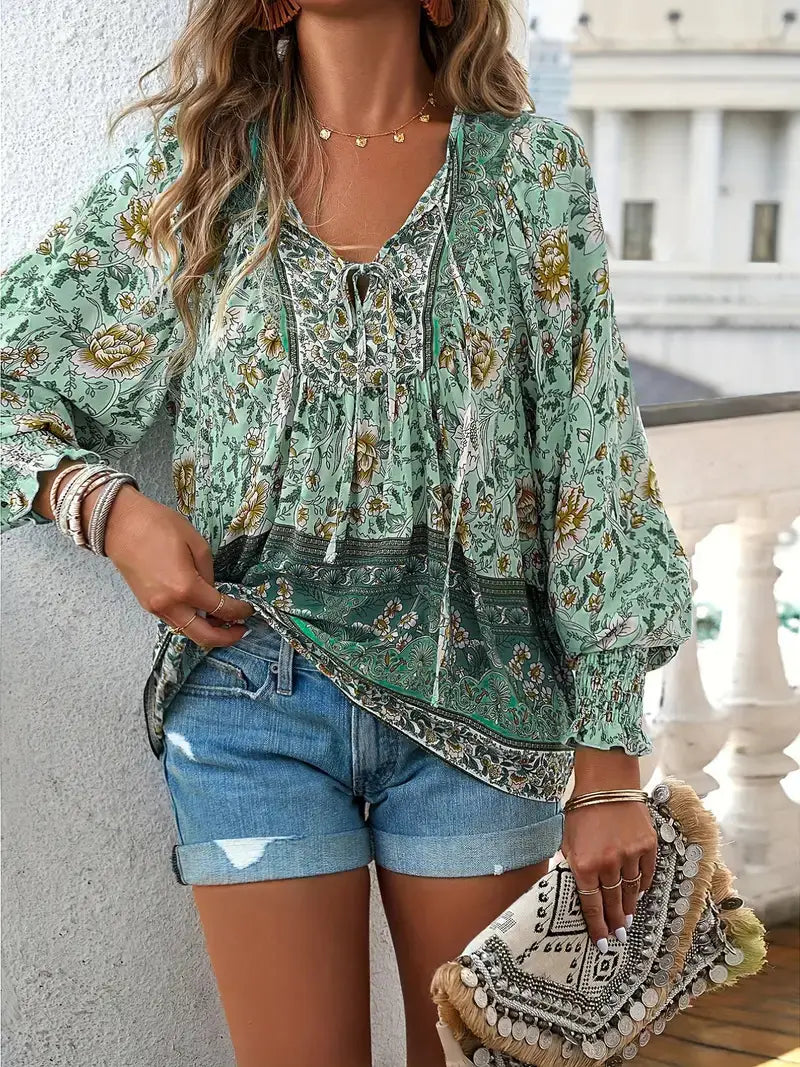 Boho Floral Tie Neck Blouse Ruffle Hem Peasant Top