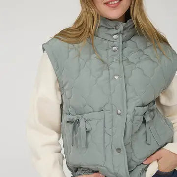 Tie Detail Snap Button Down Quilted Puffer Vest