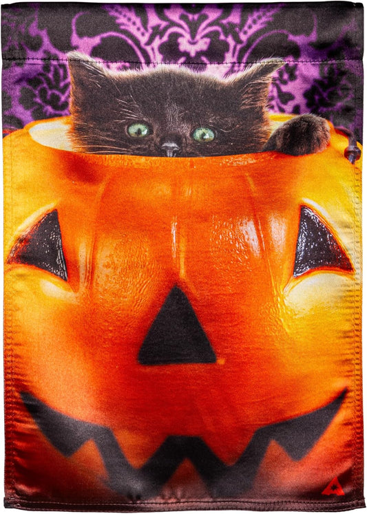 Kitten in Pumpkin Bucket Halloween Garden Flag