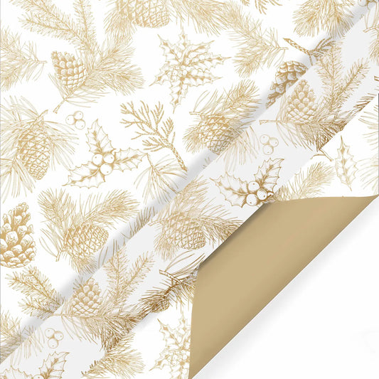 30" X 10' Reversible Holiday Wrapping Paper | Gold Pinecones On White/Flat Gold