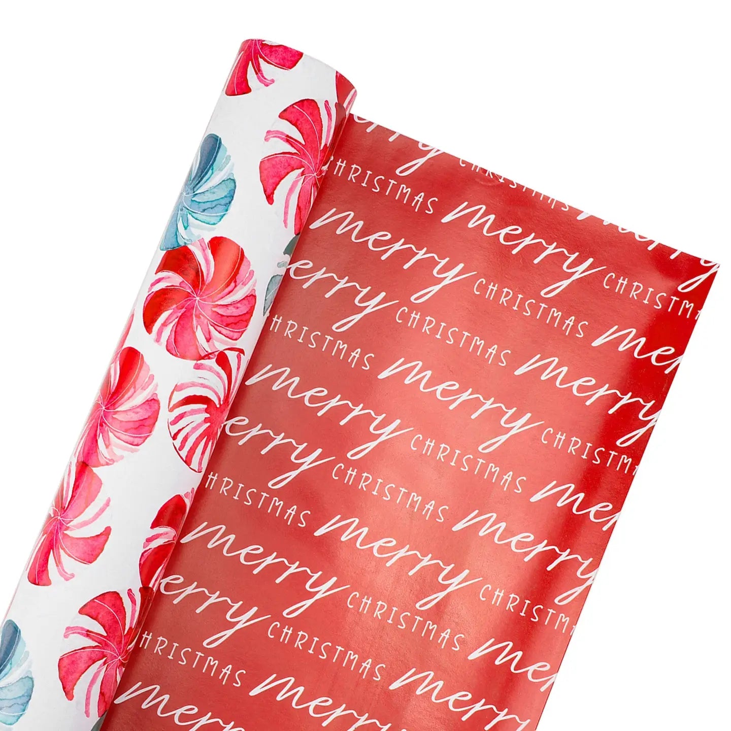 30" X 10' Reversible Holiday Wrapping Paper | Watercolor Peppermints/Merry Christmas On Red
