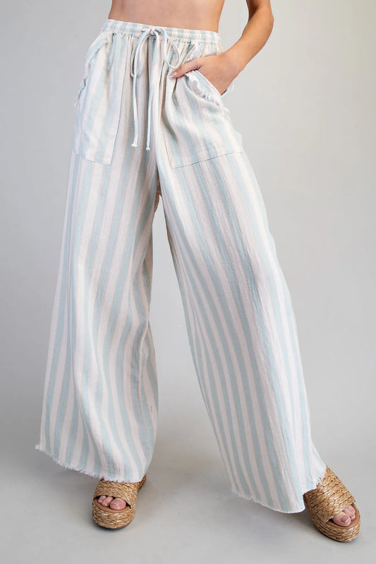 Striped Frayed-Pocket Wide Leg Pants