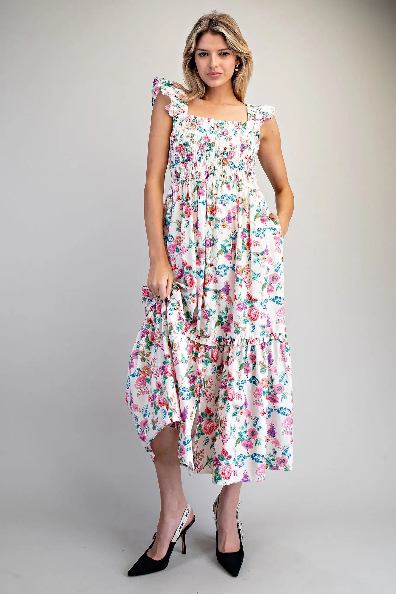 Floral Print Smocked Bodice Maxi Dress