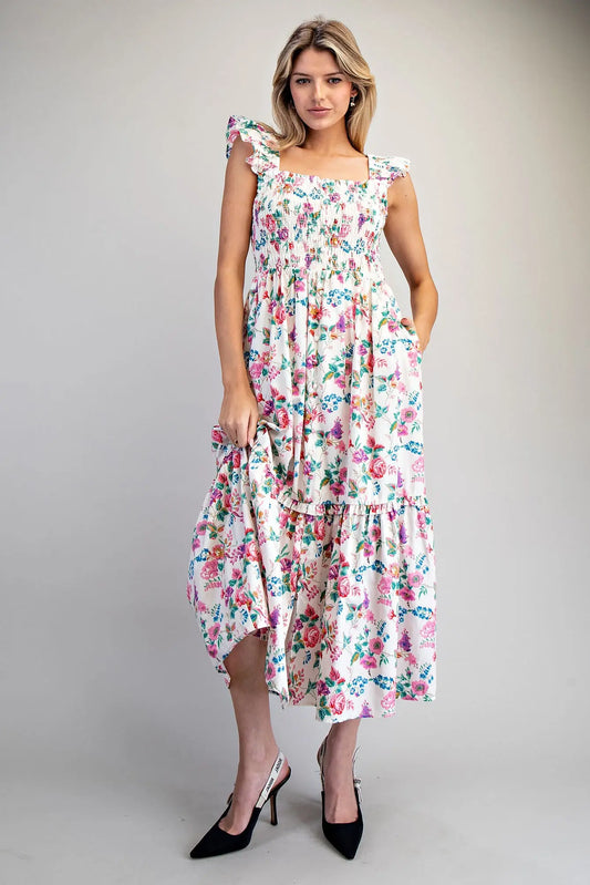Floral Print Smocked Bodice Maxi Dress