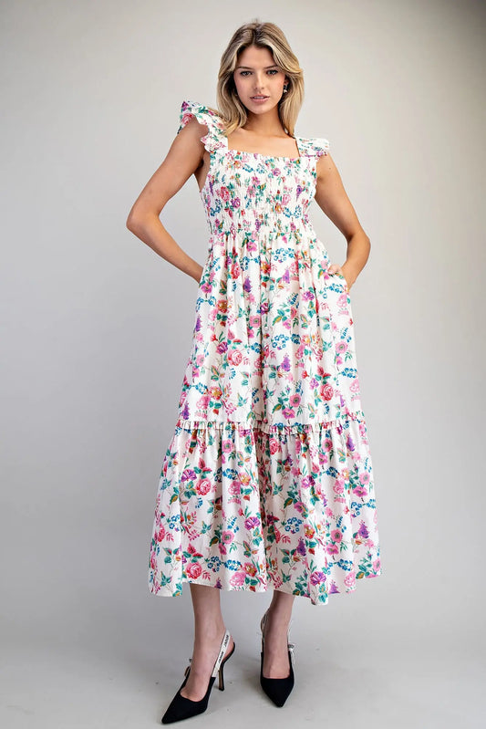 Floral Print Smocked Bodice Maxi Dress