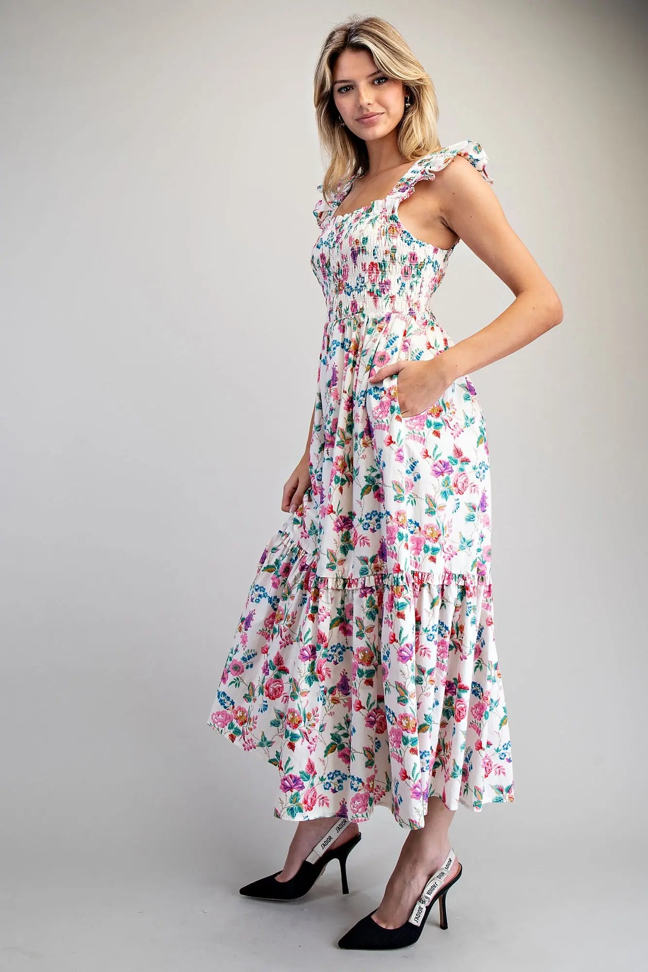 Floral Print Smocked Bodice Maxi Dress