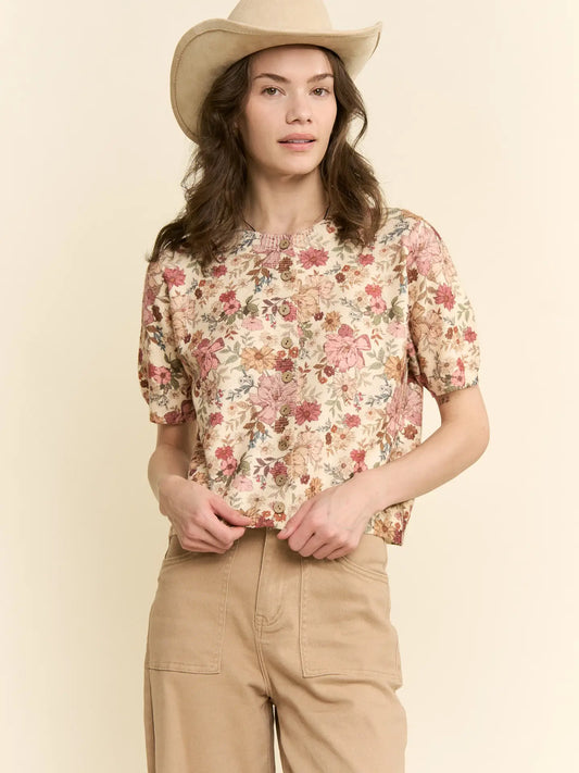 Floral Knit Button Down Short Sleeve Top