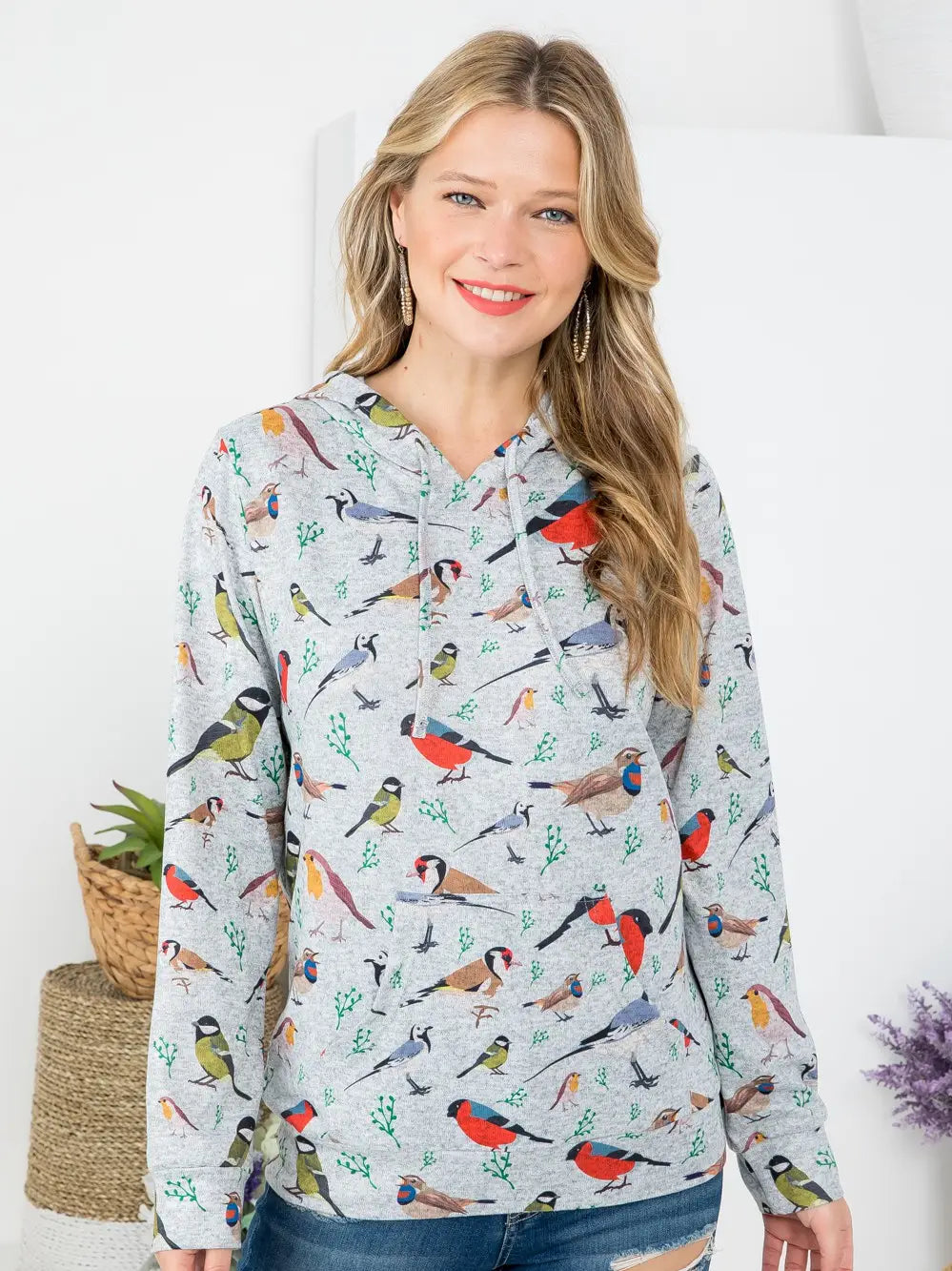 Bird Print Hoodie with Pocket