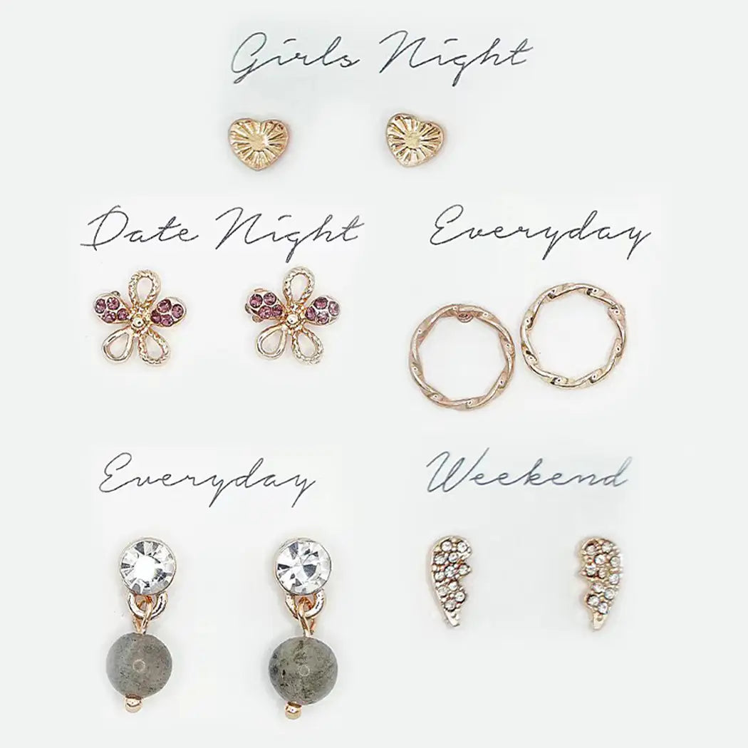 5 Pairs Multi-Designed Stud Earrings Set Gift Box
