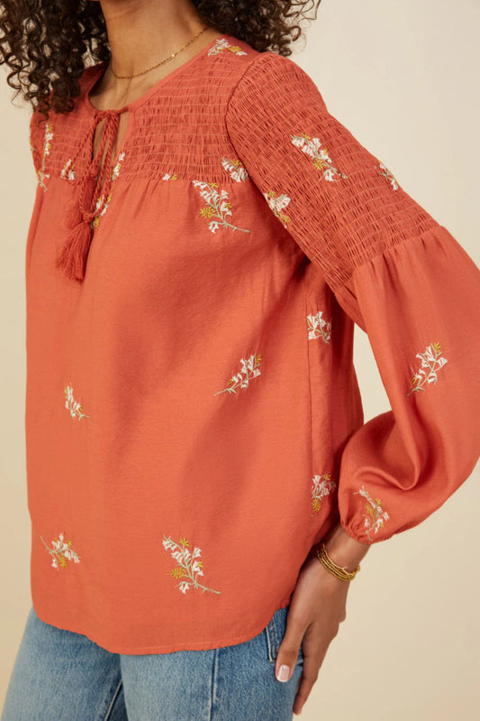 Ditsy Embroidered Smock Detail Tassel Top
