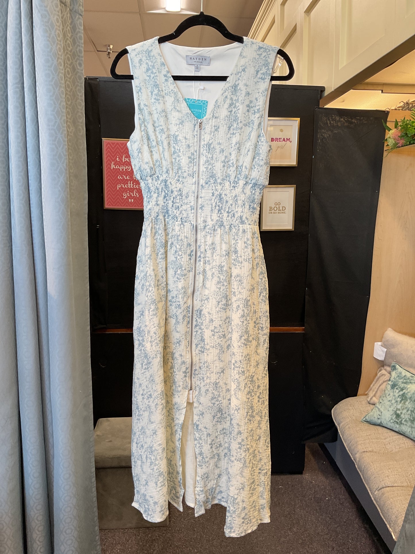 Womens Ditsy Floral Print Smocked Waist Zippered Gauze Dress