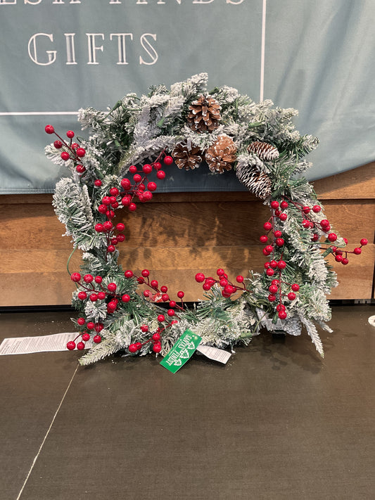 24" Lights Snowy Spruce Wreath w/ Red Berries