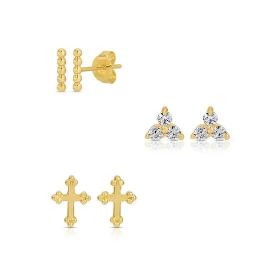 Set/3 Cross Accented Earring Stud Set
