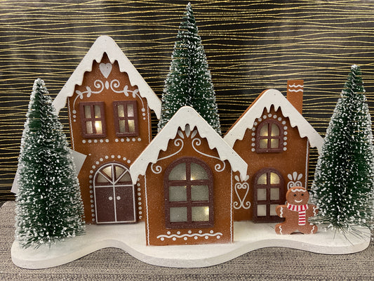 Lighted Wood Gingerbread House with Trees