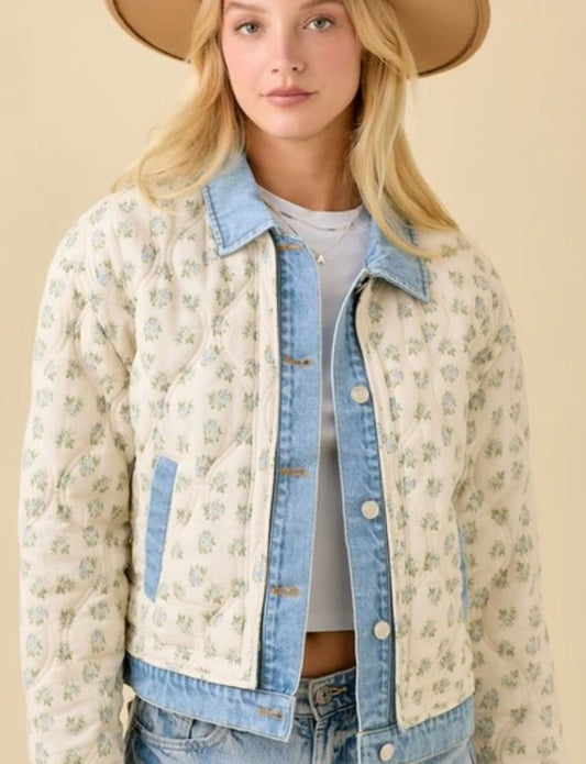 Floral print quilted denim jacket