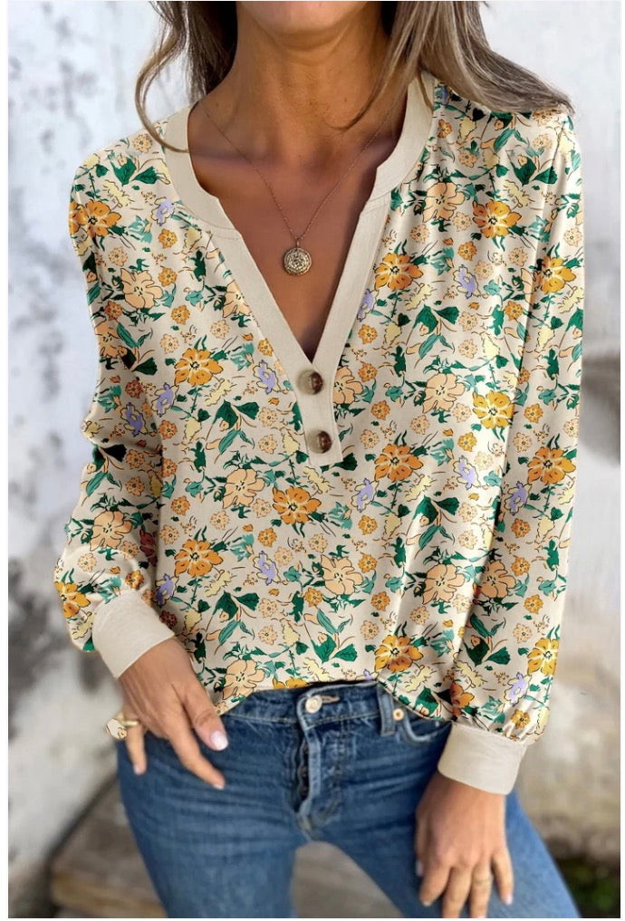 Khaki Floral Print Button Notched V Neck Long Sleeve Top