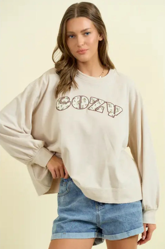 "Cozy" Embroidered Puff Sleeve Sweatshirt