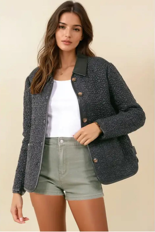 Vegan Leather Collar Quilt Button Down Jacket -