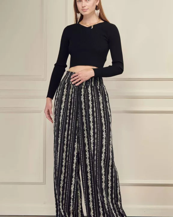 High Waist Floral Smocked Wide Leg Pants
