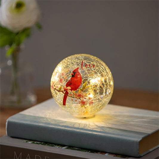 Memorial LED Table Decor Crackled Glass Hand Painted Globe Cardinal "Love Lives Forever"