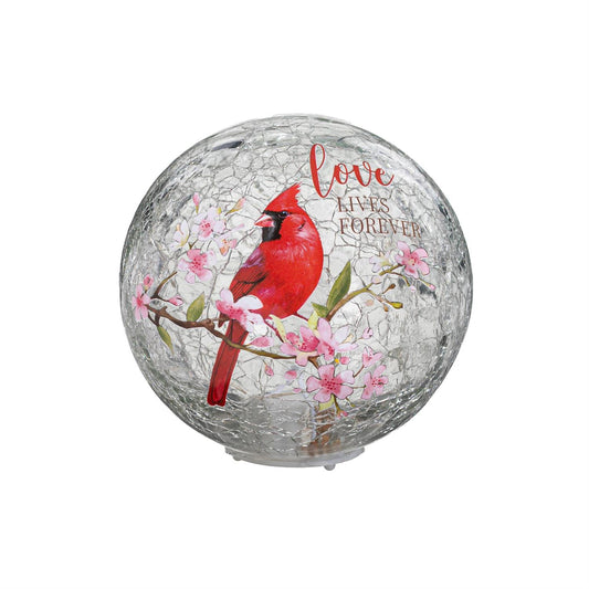 Memorial LED Table Decor Crackled Glass Hand Painted Globe Cardinal "Love Lives Forever"