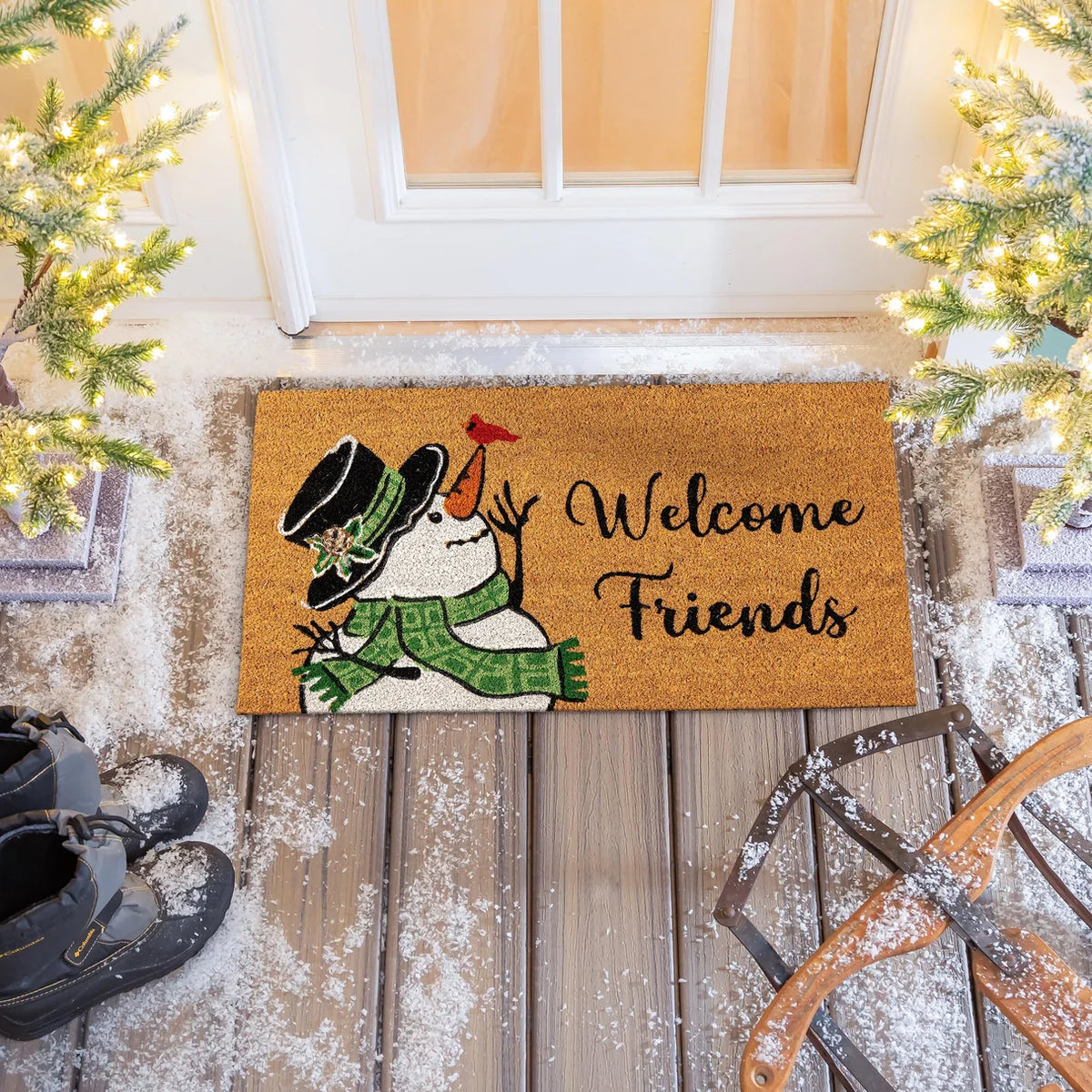 Snowman and Chickadee Coir Mat