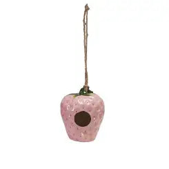 Hanging Stoneware Strawberry Bird House With Bamboo Perch
