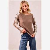Waffle Knit Boat Neck Top With Floral Trim