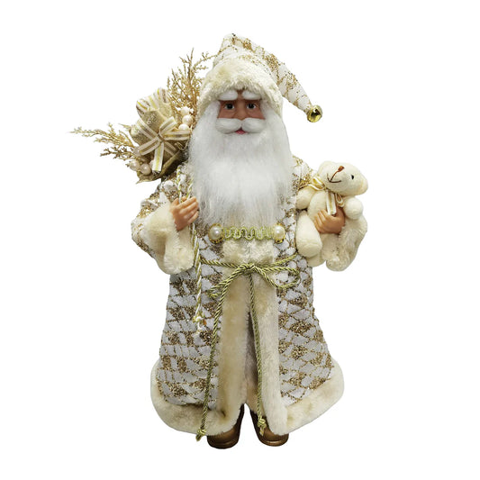 18" Ivory/Gold Santa W/Teddy Bear & Gift Bag