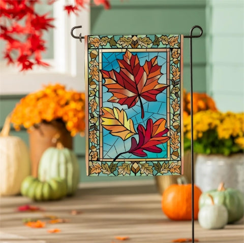 Autumn Leaves-Stained Glass Burlap Flag