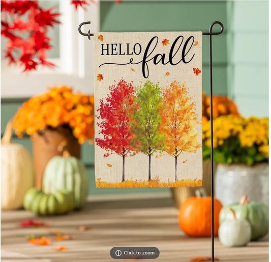 Hello Fall Autumn Trees Burlap Flag