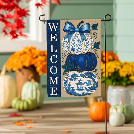 Chinoiserie Welcome Pumpkin Burlap Flag