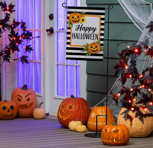 Happy Halloween Striped Jack O' Lanterns Burlap Flag