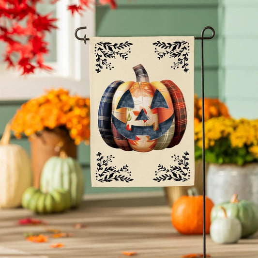 Quilted Patterned Pumpkin Burlap Flag