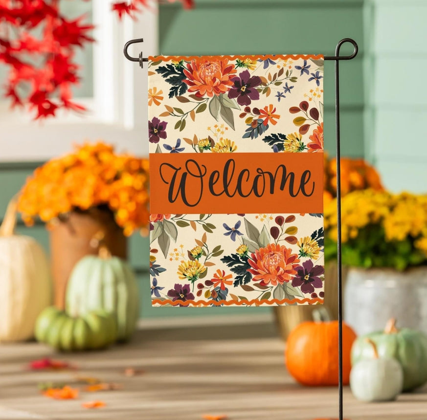 Fall Floral Welcome Burlap Flag