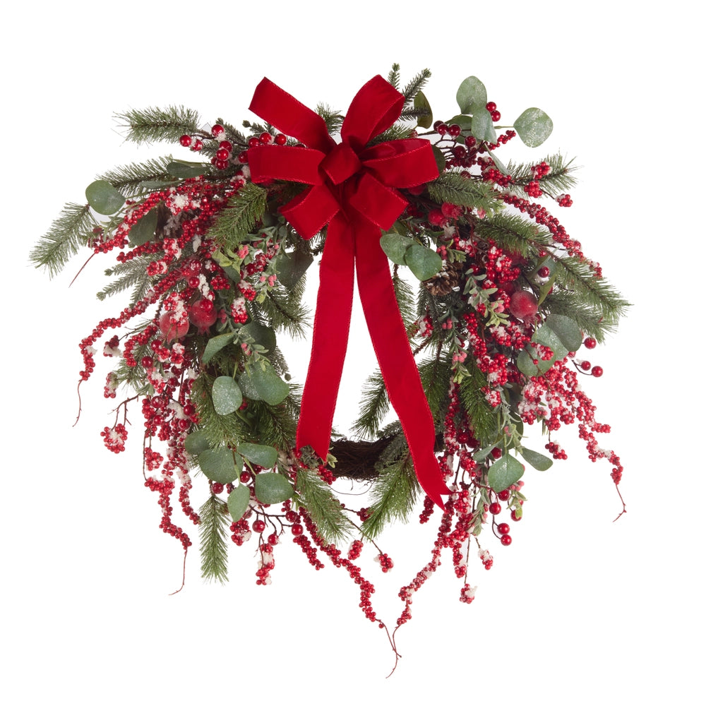 28" Iced Red Berry and Bow Wreath