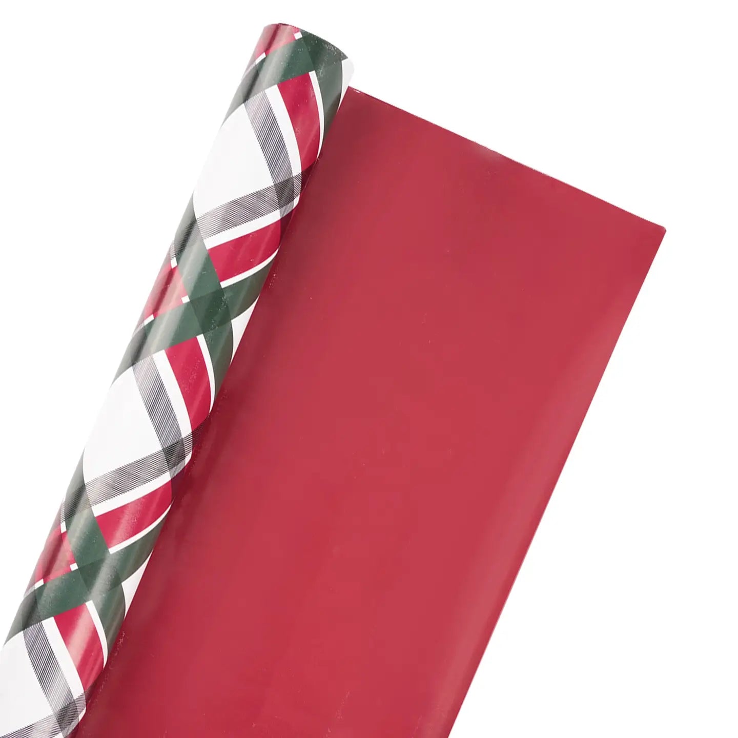 30" X 10' Reversible Holiday Wrapping Paper | Vintage Diagonal Plaid/Red Metallic