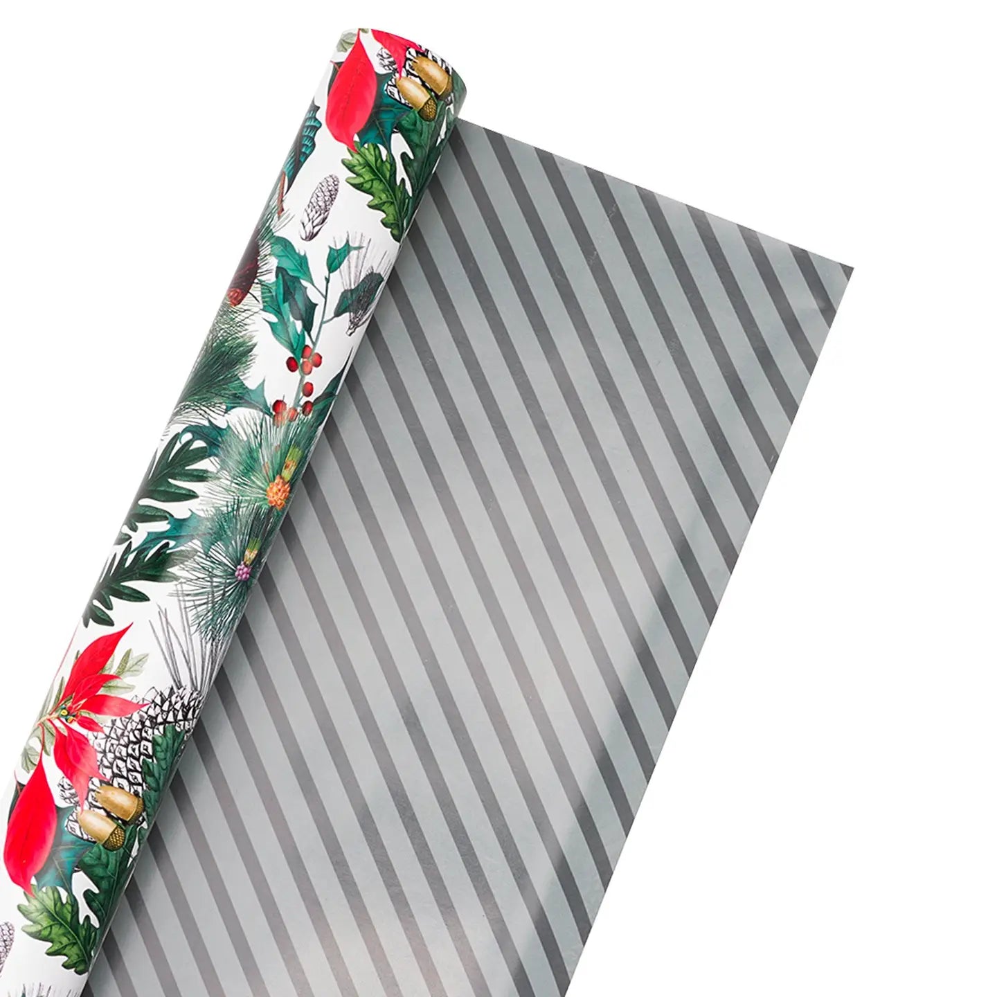 30" X 10' Reversible Holiday Wrapping Paper | Holiday Botanical/Green Tone On Tone Diagonal Stripe