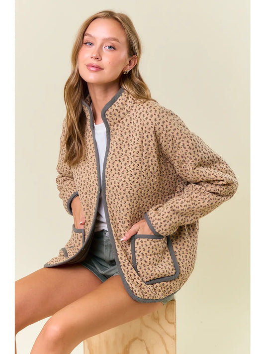 Cotton Print Stand Collar Long Sleeve Padded Coat