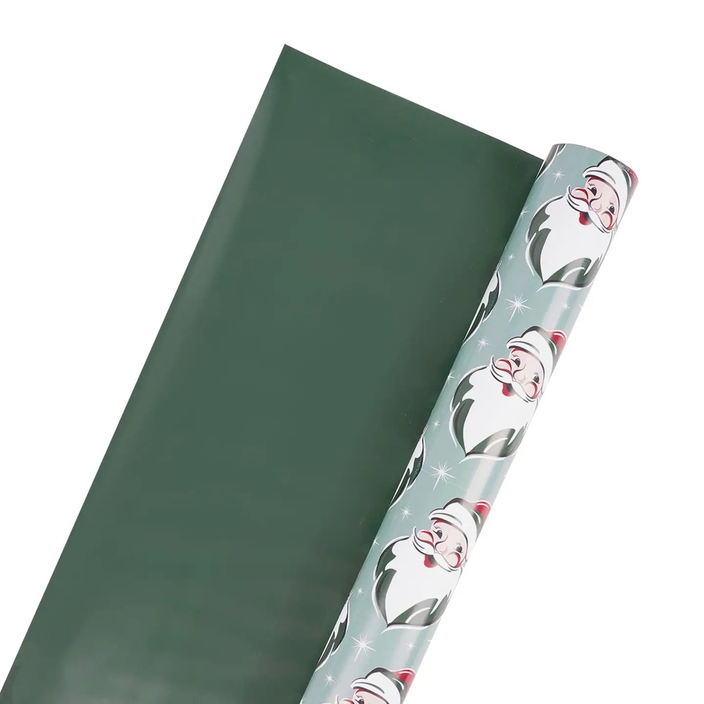 30" X 10' Reversible Holiday Wrapping Paper | Retro Santa Faces/Solid Green