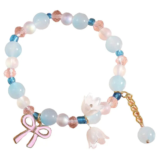Coquette Pink Ribbon Bellflower Charm Bracelet