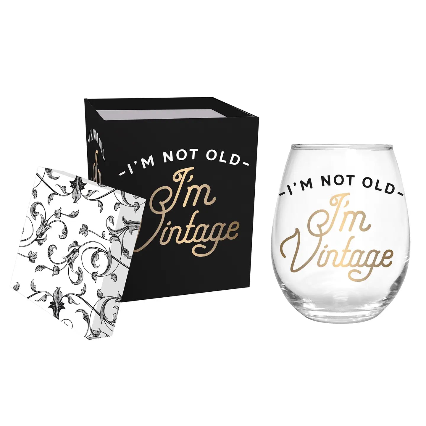 Stemless Wine Glass W/Box "I'm Not Old I'm Vintage"
