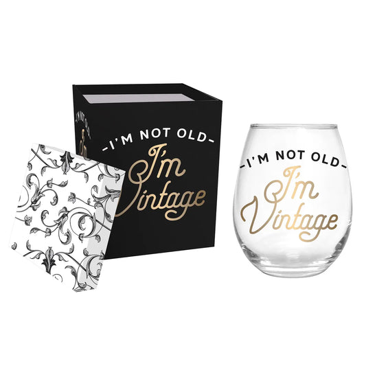 Stemless Wine Glass W/Box "I'm Not Old I'm Vintage"