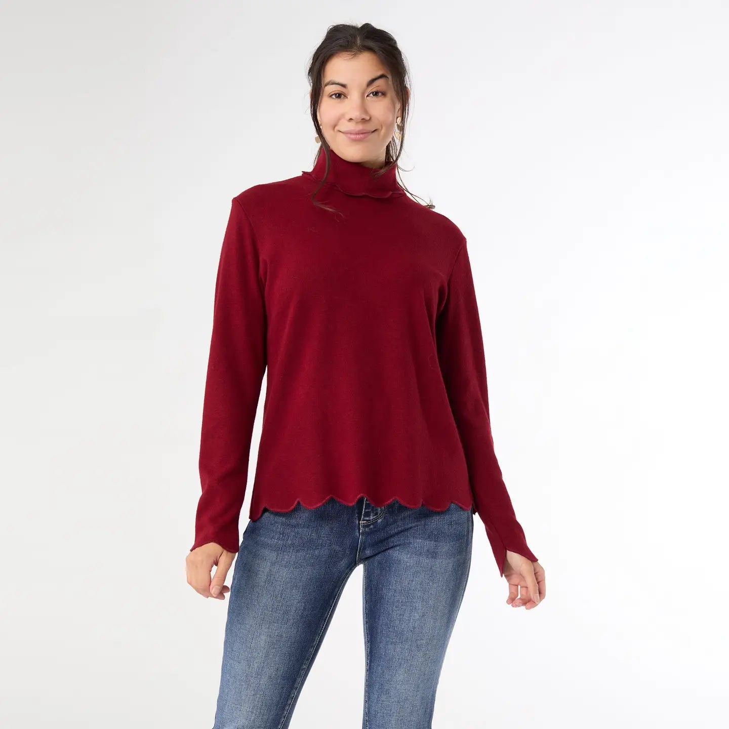 Ariana Turtleneck Top with Scalloped Trim, Asst