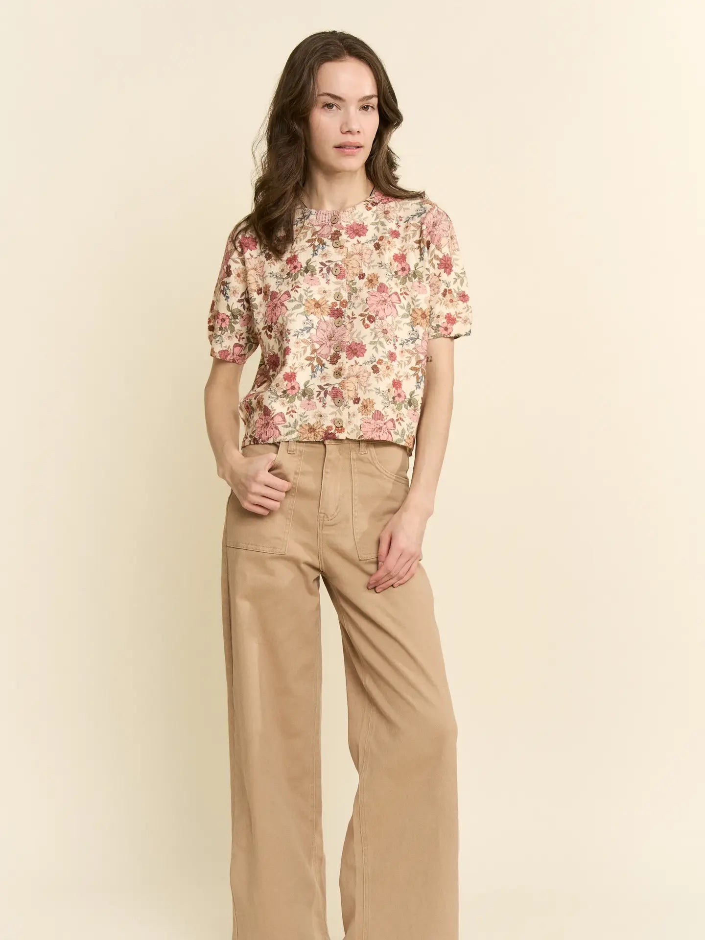 Floral Knit Button Down Short Sleeve Top