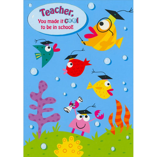 Colorful Fish and Crab Holding Diploma Teacher Appreciation / Thank You Card